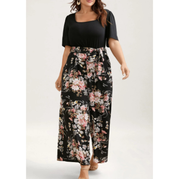 BLOOMCHIC 18-20 2X Plus Black Floral Contrast Belted Pockets Jumpsuit NWT B62 - Picture 1 of 14